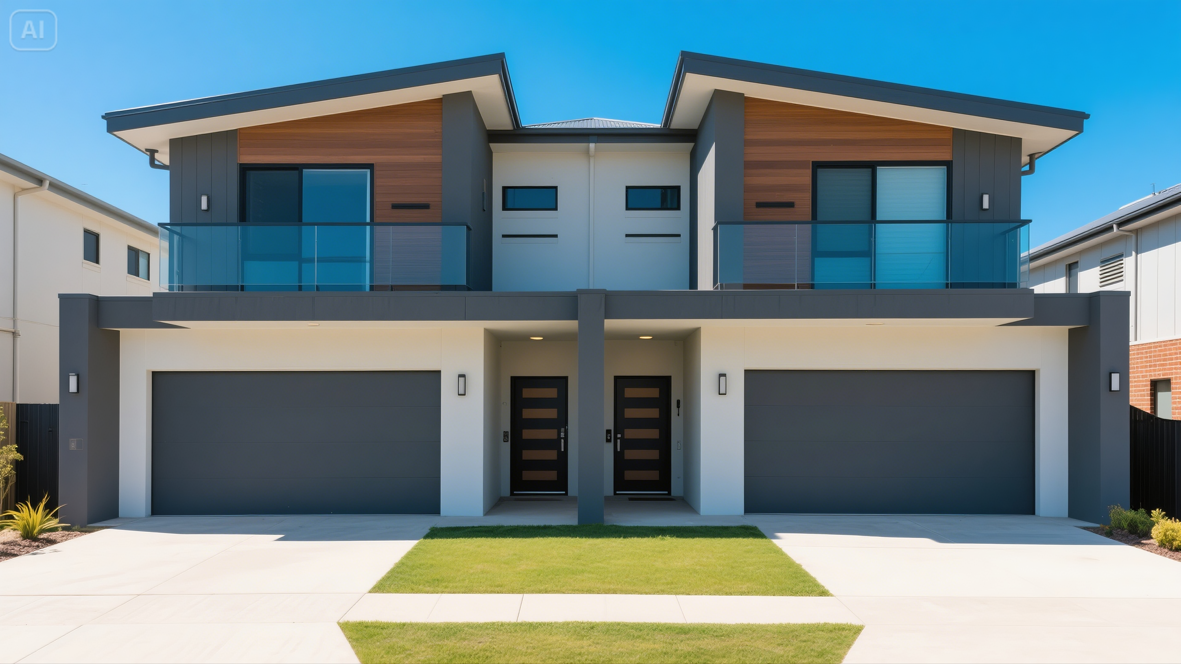 jimeng-2025-05-05-967-Front view of a stylish modern duplex with two separate entrances. Australian …